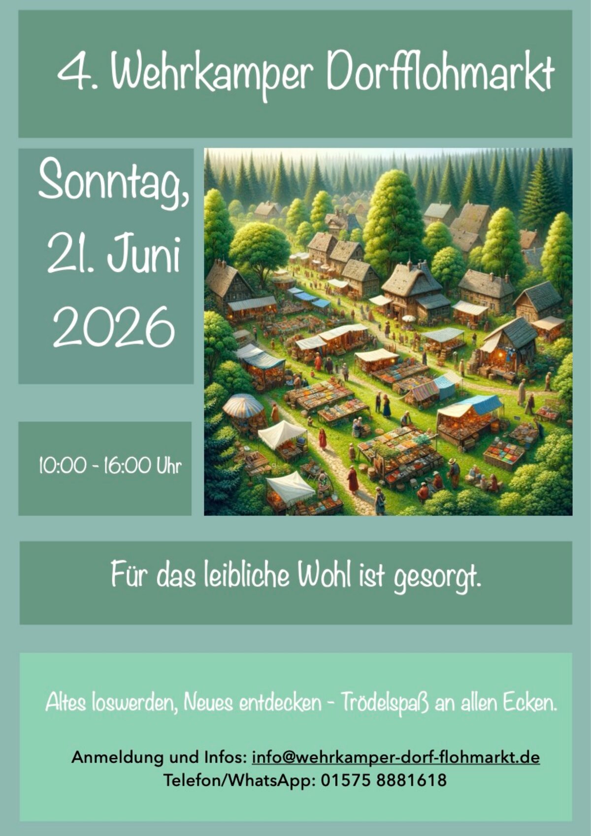 Flyer: 4. Wehrkamper Dorfflohmarkt am Sonntag, 21. Juni 2026, 10:00 bis 16:00 Uhr. Für das leibliche Wohl ist gesorgt.